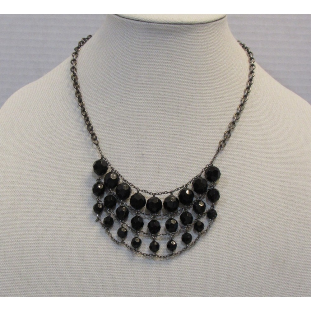 Black Faceted Bead Bib Statement Necklace Gunmetal Tiered Multi Strand 21 Inch